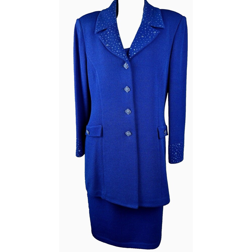 St John Evening Blue Jacket Skirt Tank 3 Pc Set Crystal Sequin Sizes 10 & S